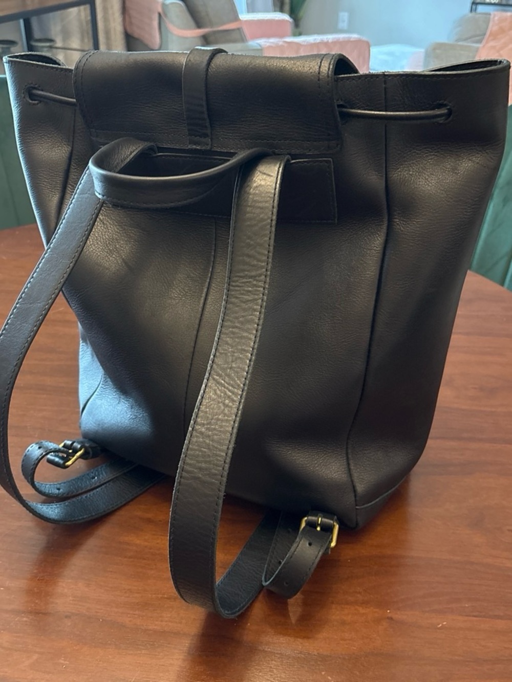 Black Leather Drawstring Backpack - Women’s - Picture 2 of 2